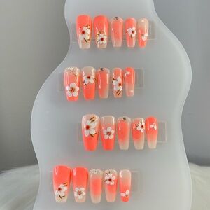 Handmade Press on Medium Coffin Spring Orange Nails 2024
